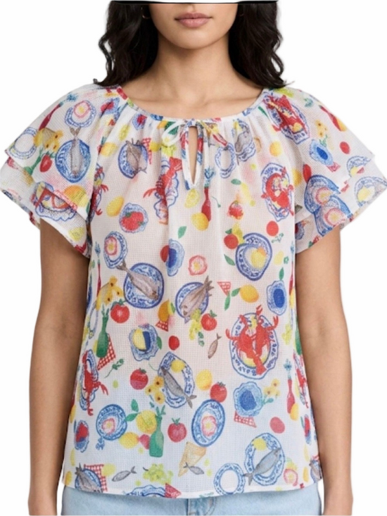 Corey Lynn Calter Tops - Corey Lynn Calter Festive Feast Blouse Size L Lobster Lemon Flutter Sleeve EUC